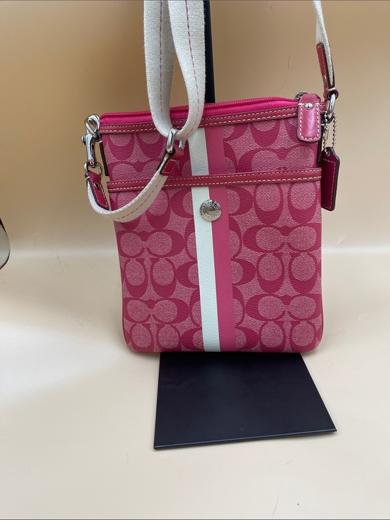 Coach Handbags - Coach Pink Signature Stripe Crossbody with White Accent
